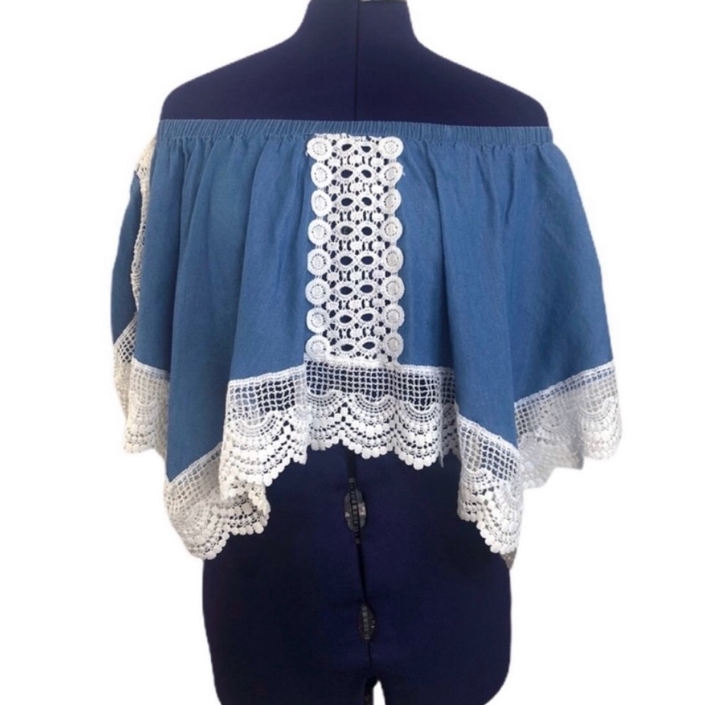 Hot & Delicious Blue White Lace Off Shoulder Top